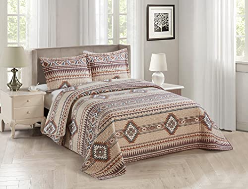 Rustic Southwest Quilted Western Bedspread Bedding Set in Brown Beige Taupe Charcoal and Tribal Native American Patterns - Nevada (Full / Queen)