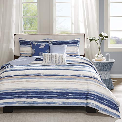 Quilt Set Cottage Coastal Design, 6 Piece Set - All Season, Coverlet Bedspread Lightweight Bedding Layer, Shams, Toss Pillows, Full/Queen(90"x90"), Blue/White