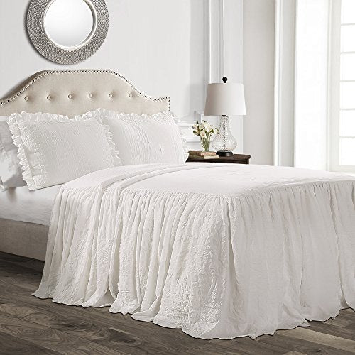 Ruffle Skirt Bedspread Set - 3 Piece Luxurious Farmhouse Bedding Set - Elegant, Charming Ruffle Detail - Timeless Style & Classic Design - Soft and Lightweight - Queen, White