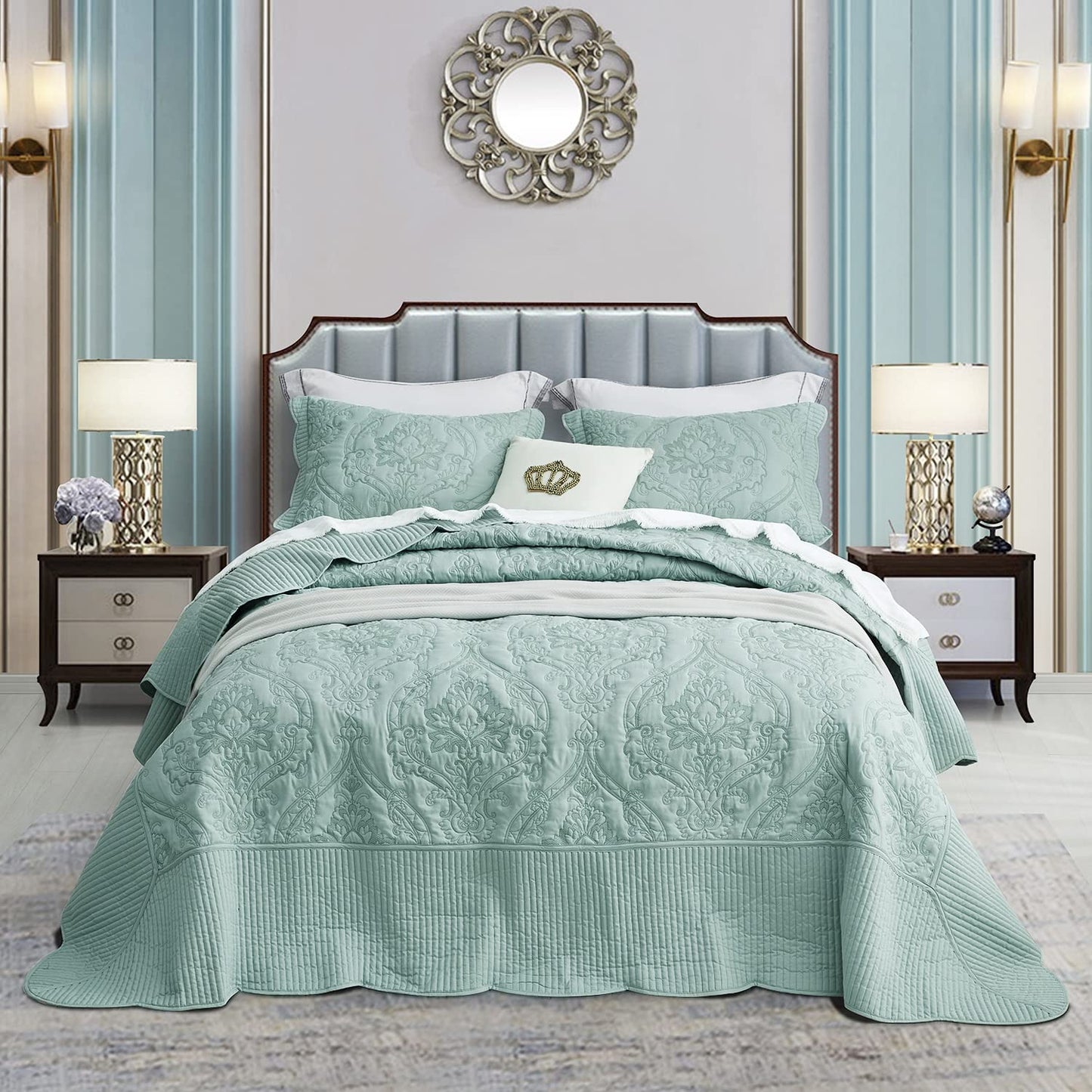 Oversized Bedspread Coverlet Set King Size - Lightweight Bedding Cover - Beautiful Stitching - 4 Piece Reversible Bedspread - Gorgeous Damask Paisley Pattern (King, Seaglass)