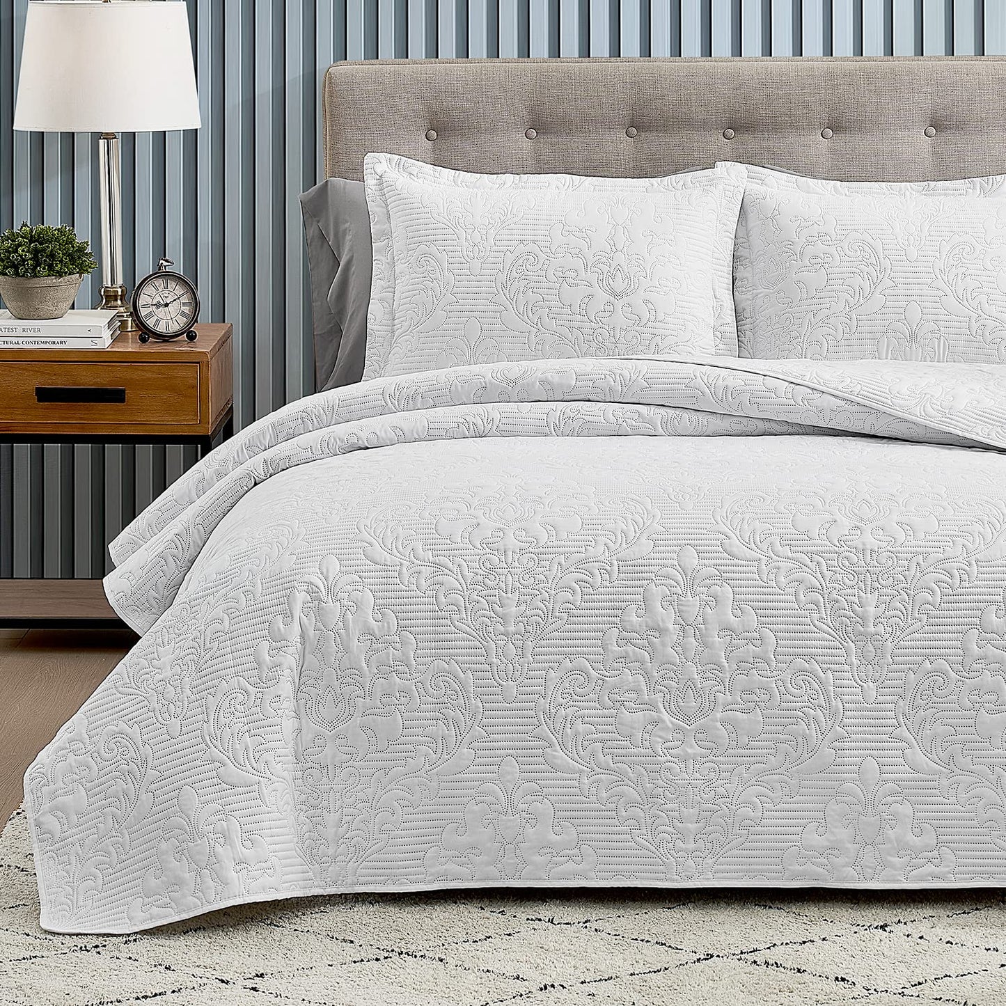 Quilt Set Full Queen - Quilt Queen Size Bedding Set Damask, Lightweight Bedspread Coverlet White, Ultrasonic Quilting