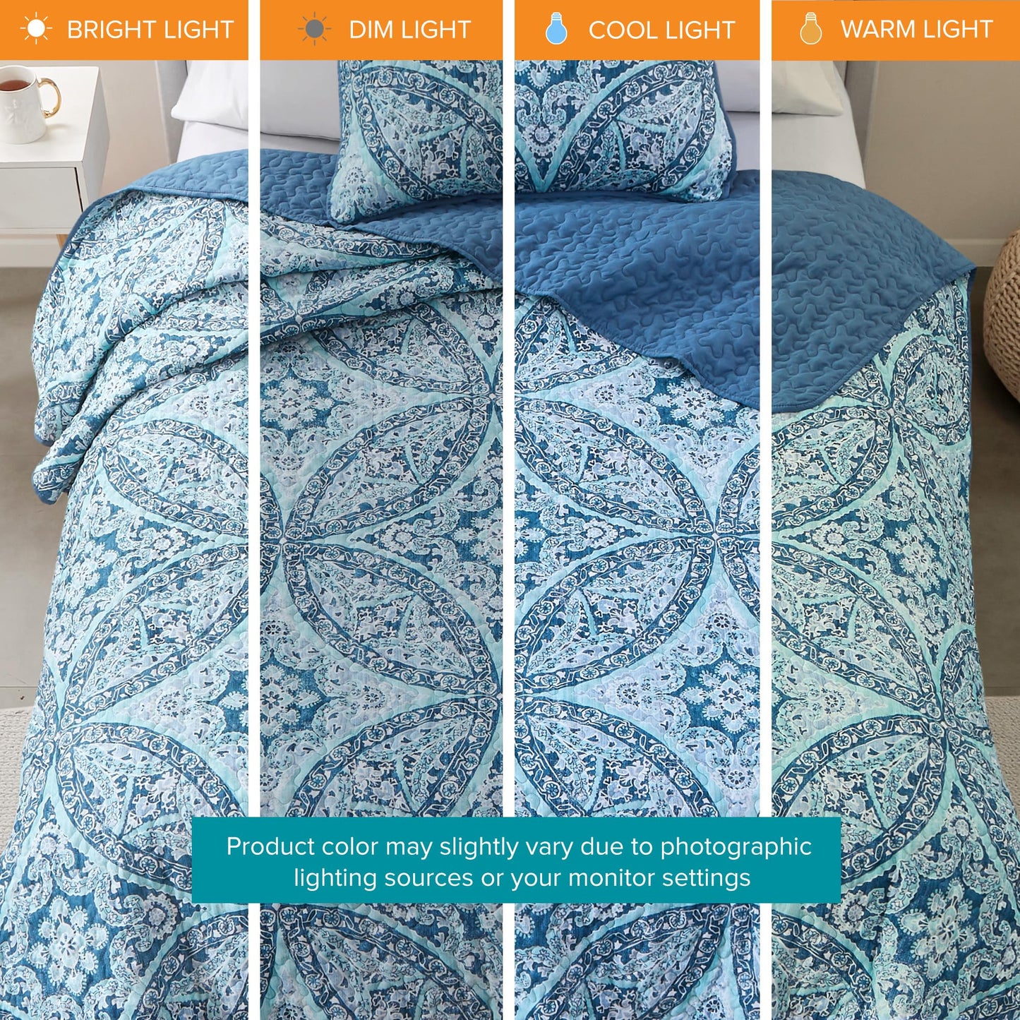 Reversible Quilt Set-Vermicelli Stitching Design All Season, Lightweight, Coverlet Bedspread Bedding, Matching Shams, Twin/Twin XL (66 in x 90 in), Gloria Damask Aqua 2 Piece