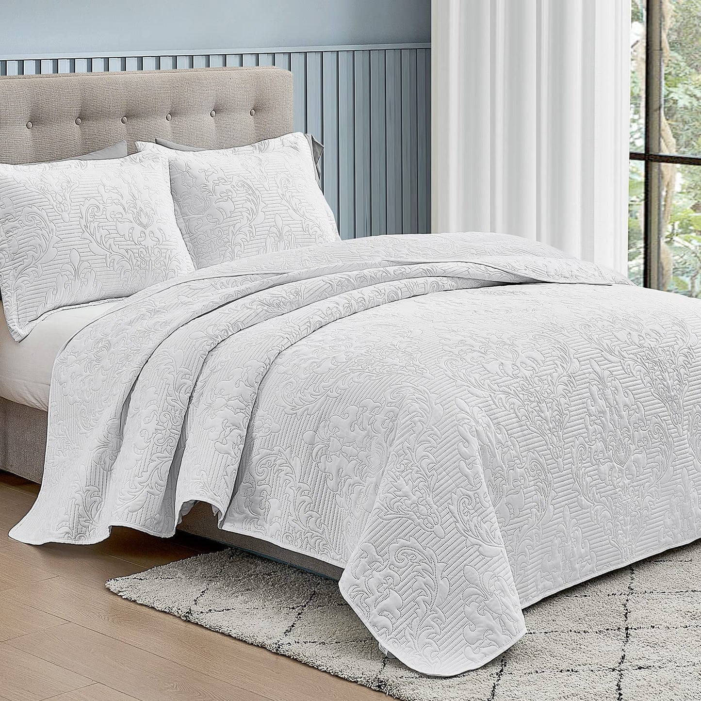 Quilt Set Full Queen - Quilt Queen Size Bedding Set Damask, Lightweight Bedspread Coverlet White, Ultrasonic Quilting