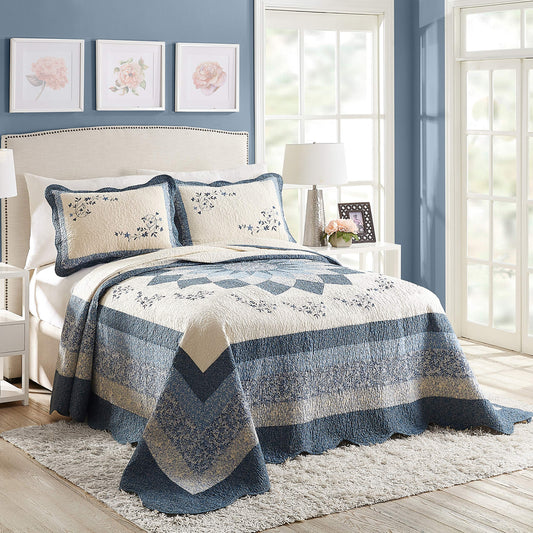 Charlotte Embroidered Bedspread - Lightweight Breathable All Seasons Bedding, King, Blue